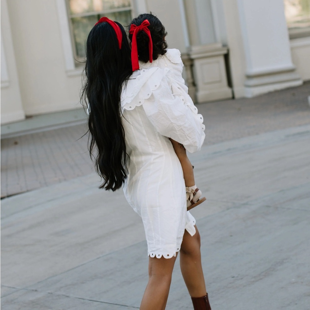 FARM RIO ANTHRO NWT White Embroidered Peter Pan Collared Long Sleeve Mini Dress - Picture 15 of 17